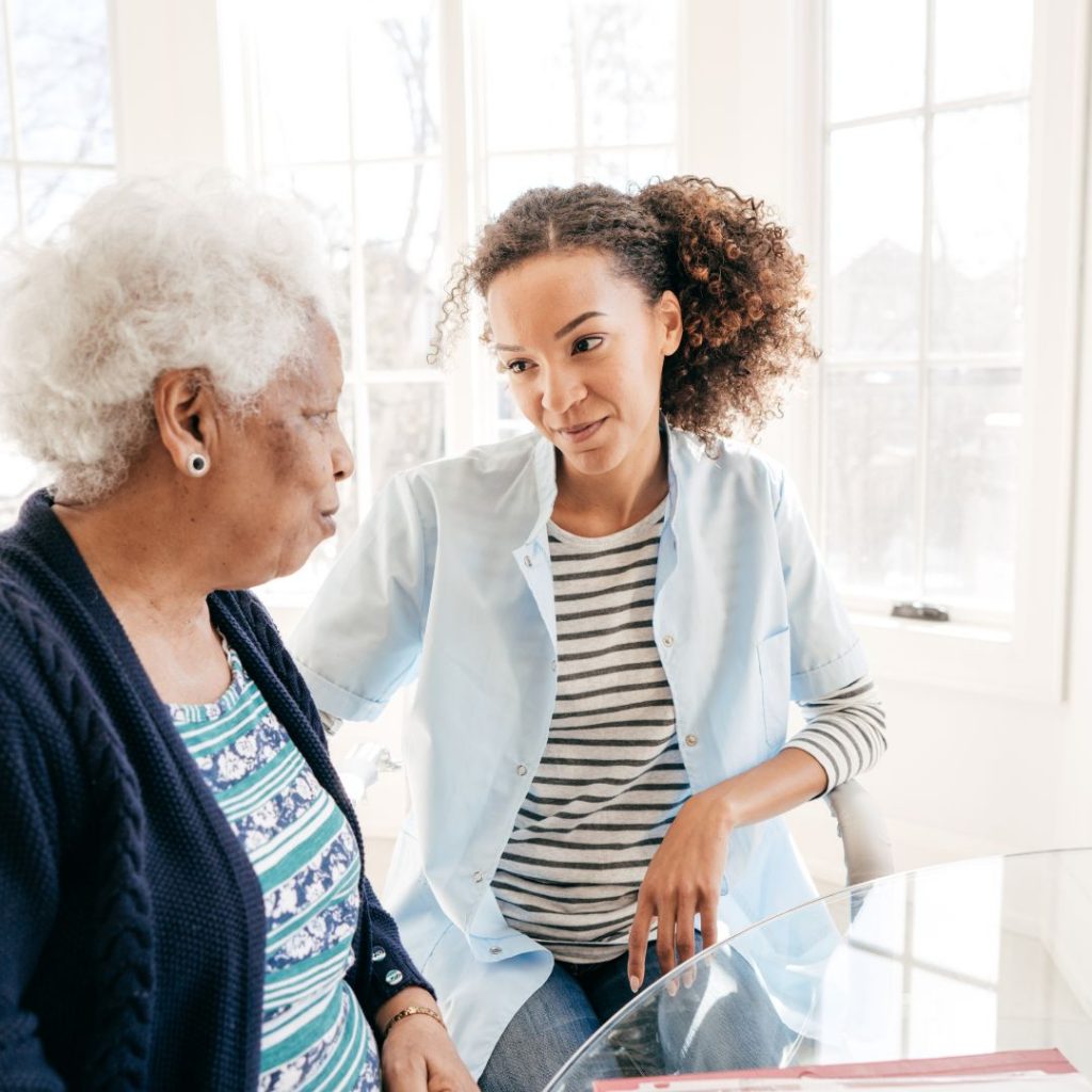 Person talking to woman