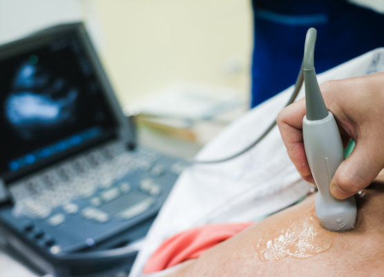 Doctor is examining heart of patient by echocardiogram